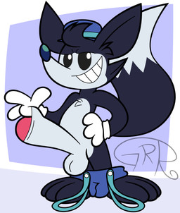 3_toes 4_fingers anthro balls big_penis cartoon_gloves clothing feet fingers foreskin foreskin_play foreskin_pull genitals hat headgear headwear huge_penis male overalls overalls_down paws penis solo tail toes toony conditional_dnp sr-g foley_(tamerkoh) canid canine fox mammal hi_res