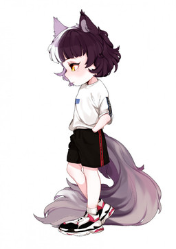 black_bottomwear black_clothing black_ears black_hair black_shorts bottomwear chibi clothing eyelashes female footwear glistening glistening_eyes grey_ears grey_hair grey_inner_ear grey_tail hair hand_in_pocket light_body light_skin multicolored_hair pockets shirt shoes shorts solo standing tail topwear two_tone_hair white_clothing white_hair white_shirt white_topwear yellow_eyes sonyan humanoid 2018 digital_media_(artwork) hi_res shaded