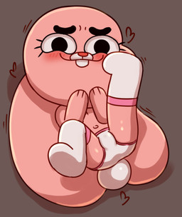 anthro clothing embarrassed female flat_chested footwear looking_at_viewer lying nervous on_back panties pink_body smile socks solo tail underwear young young_anthro young_female polygon5 cartoon_network the_amazing_world_of_gumball anais_watterson gumball_watterson lagomorph leporid mammal rabbit 2026