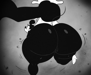 anthro big_butt black_body bottomwear butt clothing duo female footwear grabbing_another hat headgear headwear huge_butt shoes skirt thick_thighs rabbit5gamer disney minnie_mouse mammal mouse murid murine rodent hi_res monochrome