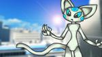 :< blue_eyes blurred_background building city claws female lens_flare machine metal metallic solo unknown_artist electronic_arts mirror's_edge domestic_cat felid feline felis mammal robot 16:9 hi_res widescreen