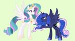 armor blue_body blue_fur blue_hair cutie_mark duo feathered_wings feathers female feral fur hair horn multicolored_hair two_tone_hair white_body white_fur wings kianamai friendship_is_magic hasbro my_little_pony mythology princess_celestia_(mlp) princess_luna_(mlp) equid equine mammal mythological_creature mythological_equine winged_unicorn absurd_res hi_res