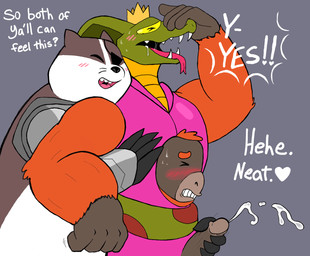 1_eye anthro blush bodily_fluids crown cum cybernetics disability duo eye_patch eyewear genital_fluids genitals handjob headgear humanoid_genitalia humanoid_penis machine male male/male overweight overweight_male penile penis prosthetic prosthetic_arm prosthetic_limb sex text anonymous_artist cartoon_network mao_mao:_heroes_of_pure_heart badgerclops coby_(mao_mao) orangusnake tanner_(mao_mao) ape badger cobra cyborg haplorhine mammal mustelid musteline primate reptile scalie snake english_text hi_res