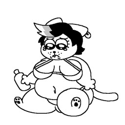 anthro belly big_breasts bikini bodily_fluids breasts clothed clothing crying ear_piercing eyelashes fangs female frown highlights_(coloring) looking_down navel overweight overweight_anthro overweight_female pawpads piercing sad sitting solo sunscreen swimwear tears teeth two-piece_swimsuit krisispiss undertale_(series) catty_cattenheimer domestic_cat felid feline felis mammal 1:1 2026 black_and_white digital_media_(artwork) monochrome