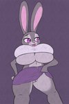 anthro big_breasts breasts bulging_breasts clothed clothing curvy_figure female huge_breasts no_underwear simple_background solo voluptuous sleepyscientist disney zootopia judy_hopps lagomorph leporid mammal rabbit 2:3 hi_res