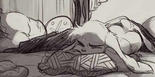 ambiguous_gender anthro bedding blanket butt_cleavage covering detailed_background eyes_closed face_squish floppy_ears fluffy fluffy_tail head_tuft implied_nudity long_ears lying on_front pillow short_tail sleeping solo squish tail tuft marcie_montis unnamed_character lagomorph leporid mammal rabbit 2020 digital_drawing_(artwork) digital_media_(artwork) hi_res sketch watermark