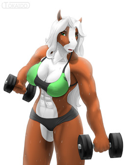 abs anthro athletic big_breasts biped bodily_fluids bra breasts brown_body brown_fur cleavage clothed clothing exercise female fur green_eyes hair holding_object long_hair multicolored_body multicolored_fur muscular muscular_anthro muscular_female open_mouth panties simple_background solo standing sweat underwear weightlifting weights white_background white_body white_fur white_hair workout tokaido jessica_valerie_(nightfaux) equid equine horse mammal 2014 digital_media_(artwork) hi_res