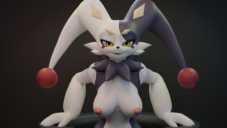 black_body black_fur breasts female fur jester looking_at_viewer multicolored_body multicolored_fur nipples pink_nipples solo white_body white_fur yellow_eyes tacopuss seriuswolf_(modeler) palworld pocketpair dupin_(seriuswolf) dupin_(pal) lagomorph mammal pal_(species) 16:9 hi_res widescreen