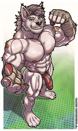 abs anthro balls bandage biceps calf_muscles deltoids fangs feet foreskin fur genitals green_eyes humanoid_genitalia humanoid_penis male muscular nipples nude open_mouth pawpads paws pecs penis quads scar solo teeth trapezius white_body white_fur cl.rudolph mythology garth_von_neuman_(garth_mentzel_monroe) canid canine mammal mythological_canine mythological_creature werecanid werecanine werecreature werewolf 2026 absurd_res hi_res