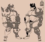 anthro armor black_hair bulge claws crotch_tuft duo fangs grin hair male mostly_nude muscular muscular_anthro muscular_male navel nipples pecs pompadour sharp_teeth smile spiked_armor spikes standing teeth tuft unconvincing_armor jinti kings_of_hell jr._(kings_of_hell) split_(kings_of_hell) canid canine canis demon domestic_dog mammal 2022 digital_media_(artwork) hi_res brother_(lore) brothers_(lore) sibling_(lore) twins_(lore)