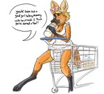 ageplay anthro baby_bottle beverage black_body black_fur blonde_hair bodily_fluids brown_eyes cart clean_diaper clothed clothing dialogue diaper drinking drool_on_face drooling female fur hair holding_baby_bottle holding_object offscreen_character orange_body orange_fur roleplay saliva shopping shopping_cart simple_background solo speech_bubble text wearing_diaper white_background shydaddy canid canine mammal maned_wolf 2021 english_text hi_res