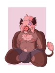 accessory anthro aroused balls_outline beard big_bulge biped bodily_fluids body_hair brown_body brown_fur bulge bull_tail cerezo_the_bull chest_hair detailed_bulge drooling_tongue facial_hair flower flower_in_hair fur genital_outline hair hair_accessory hands_behind_back horn huge_bulge kneeling male male_anthro musclegut muscular nipples pink_hair pink_nipples pink_nose plant pubes solo submissive sweat sweatdrop tongue tongue_out comida_shina bovid bovine cattle mammal hi_res