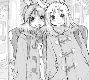 anthro backpack blush breath clothed clothing coat duo hair kemono looking_at_viewer open_mouth scarf tongue topwear kikurage lagomorph leporid mammal rabbit 2014 archived_source digital_media_(artwork) greyscale monochrome