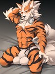 anthro balls bedding big_balls bulge claws detailed_bulge fluffy fluffy_tail genitals hand_behind_head huge_balls kneeling looking_at_viewer male muscular on_bedding red_eyes smile solo tail kaerufrog nintendo pokemon arcanine generation_1_pokemon pokemon_(species) hi_res