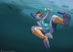 anthro antoreakk asphyxiation avian bird bubble camel_toe clothing drowning feathers female hi_res ice out_of_breath pela_(dragontear) penguin solo swimming_fins swimwear tail tail_feathers text trapped underwater url water