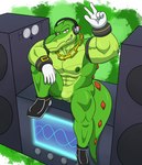 abs anthro boombox chain chain_necklace clothing countershading electronics gloves gold_(metal) gold_jewelry gold_necklace handwear headphones jewelry male muscular muscular_anthro muscular_male necklace nipples non-mammal_nipples nude simple_background smile solo dg254 sega sonic_the_hedgehog_(series) vector_the_crocodile crocodile crocodilian humanoid reptile scalie absurd_res digital_media_(artwork) hi_res