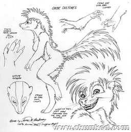 anthro claws fangs female nude nude_anthro smile solo teeth text whiskers james_m_hardiman onyx_(jmh) mammal mephitid skunk english_text monochrome