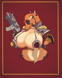 anthro areola armor big_areola big_breasts big_nipples breasts brown_body brown_fur chest_scar collar collar_ring cute_fangs cutout_bikini ear_piercing facial_scar fangs female fur gun hair hand_on_hip holding_gun holding_object holding_ranged_weapon holding_weapon huge_breasts huge_thighs nipple_plugs nipple_suspension_bikini nipples orange_hair pauldron piercing plug_(sex_toy) pointy_ears prick_ears purity_seal ranged_weapon red_background scar scars_all_over sex_toy simple_background solo tan_body tan_fur teeth text thick_thighs unconvincing_armor weapon x_scar kizi0n warhammer_(franchise) warhammer_40000 equid equine horse mammal absurd_res hi_res