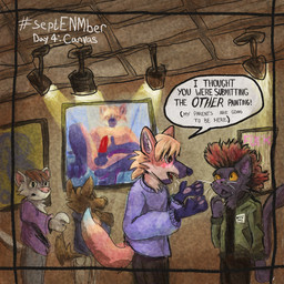 animal_genitalia anthro balls blonde_hair blush clothed clothing embarrassed erection genitals gesture group hair hand_gesture knot male nude painting_(object) penis pointing pointing_at_another public red_hair red_penis speech_bubble text yellow_eyes kittee_mortis septenmber kittee_mortis_(character) canid canine canis domestic_cat domestic_ferret felid feline felis mammal maned_wolf mustelid musteline true_musteline weasel wolf 1:1 english_text hi_res