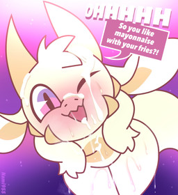 2_horns ambiguous_anthro ambiguous_gender anthro arm_tuft big_ears biped blush bodily_fluids claw_fingers cum cum_on_chest cum_on_face dialogue elbow_tuft fingers fur genital_fluids glistening glistening_eyes hand_on_cheek horn legs_together looking_at_viewer multicolored_body multicolored_fur musk nude nude_ambiguous nude_anthro one_eye_closed open_mouth pie_cut_eyes purple_background purple_eyes question simple_background solo speech_bubble sweat sweaty_body tail talking_to_viewer text tuft two_tone_body two_tone_fur white_body white_fur white_tail wink winking_at_viewer yellow_body yellow_fur yellow_horn yellow_inner_ear nami955 chikn_nuggit mythology fwench_fwy_(chikn_nuggit) dragon mythological_creature mythological_scalie scalie 2026 artist_name digital_drawing_(artwork) digital_media_(artwork) english_text hi_res nonbinary_(lore)