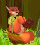 anthro anus anus_only blep bottomless brown_body brown_fur butt clothed clothing dipstick_tail featureless_crotch feet_up fur gloves_(marking) grass green_eyes leg_markings looking_at_viewer male markings multicolored_body multicolored_fur necktie orange_body orange_fur plant shirt smile socks_(marking) solo tail tail_markings tongue tongue_out topwear x_anus bodjiart disney zootopia nick_wilde canid canine fox mammal red_fox true_fox digital_media_(artwork) hi_res