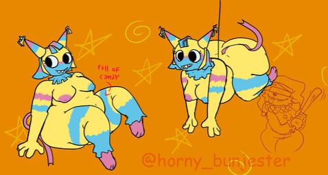 anthro areola big_butt black_eyes blue_areola blue_body blue_nipples breasts butt eyelashes female huge_butt mismatched_nipples navel nipples orange_background overweight overweight_female pinata pink_areola pink_nipples sharp_teeth simple_background solo teeth text thick_thighs wide_hips yellow_body horny_bunjester blushcrunch_studio dandy's_world yatta_(dandy's_world) animate_inanimate living_pinata toon_(dandy's_world) hi_res