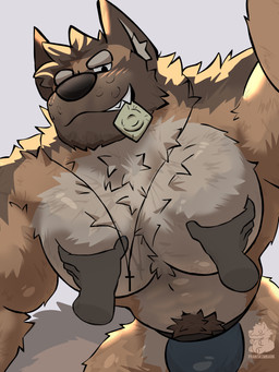 anthro barazoku big_muscles big_pecs body_hair condom condom_in_mouth cross cross_necklace happy_trail jewelry male mouth_hold muscular muscular_male necklace object_in_mouth pec_squeeze pecs sexual_barrier_device smile solo phantasmbark tobi_(phantasmbark) canid canine canis humanoid mammal wolf 3:4 hi_res