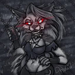 angry anthro breasts cellphone claws clothing collar dark ear_piercing electronics fangs female fingerless_gloves fur gloves glowing glowing_eyes grey_hair growling hair handwear holding_object holding_phone looking_at_viewer navel pattern_background phone piercing red_sclera simple_background smartphone solo spiked_collar spikes teeth white_body white_eyes white_fur deidad_dissitum hellaverse helluva_boss mythology loona_(helluva_boss) canid canid_demon canine demon hellhound mammal mythological_canine mythological_creature 1:1
