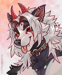 black_nose collar ear_piercing ear_ring eyebrows eyelashes fur hair horn looking_at_viewer piercing ring_piercing smile solo white_hair xenoguardian seiji_(strangedogg) canid canine mammal 2022 digital_media_(artwork) hi_res