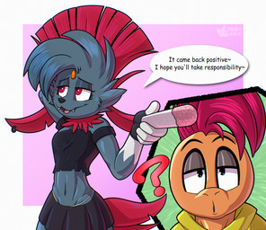 :3 anthro anthrofied asking athletic athletic_anthro athletic_female bangs biped black_bottomwear black_clothing black_eyebrows black_gloves black_handwear black_nose black_outline black_shirt black_topwear bottomwear breasts candy cheek_tuft cleavage clothed clothing confusion crop_top cutaway cute_fangs dark_eyelids dessert dialogue duo ear_piercing ear_ring expression_cutaway eyebrows eyelashes facial_tuft fake_pregnancy fangs female female_anthro fingerless_gloves first_person_view focus_lines food forehead_gem foreshortening freckled_face freckles front_view fur furgonomics gem glistening_eyelids gloves hair half-closed_eyes hand_behind_head handwear head_tuft holding_food holding_object husband_and_wife interspecies intimate jewelry looking_aside looking_at_another looking_at_partner looking_at_viewer looking_away love male male/female male_anthro male_pov married_couple medium_breasts midriff miniskirt mohawk narrowed_eyes navel neck_tuft nervous nervous_smile notched_ear off_shoulder open_mouth open_smile outline outside_panel piercing pink_background pokemorph prank question_mark raised_eyebrows raised_hand raised_inner_eyebrows red_eyes red_hair red_tail ring_piercing romantic romantic_couple scarf shirt simple_background skirt smile snaggle_tooth speech_bubble standing tail tail_through_skirt talking_to_viewer teeth text thick_eyelashes three-quarter_view tongue topwear torn_clothing tuft white_background yellow_scarf rodricoro fun_dip nintendo pokemon fan_character fang_the_weavile gambit_the_scrafty generation_4_pokemon generation_5_pokemon mammal pokemon_(species) reptile scalie scrafty weavile 2025 absurd_res digital_drawing_(artwork) digital_media_(artwork) english_text hi_res signature