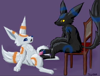 ambiguous_gender animal_genitalia animal_penis black_body black_fur blue_eyes bodily_fluids canine_genitalia canine_penis chair cum cum_on_feet cumshot digitigrade duo ejaculation erection feet feral feral_on_feral foot_fetish foot_play footjob fur furniture genital_fluids genitals male male/ambiguous orgasm pawpads paws penile penis sex simple_background sitting two-footed_footjob white_body white_fur yellow_eyes trigaroo nintendo pokemon fan_character trig eeveelution generation_2_pokemon pokemon_(species) umbreon digital_media_(artwork) shaded