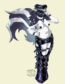 anthro clothing collar female glistening glistening_body latex latex_clothing pasties piercing solo monsterchompers monsterclawspng mammal mephitid mephitidae skunk absurd_res hi_res