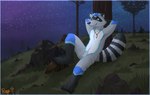 anthro black_body black_ears black_eyebrows black_fur black_nose blue_body blue_eyes blue_fur blue_hair cheek_tuft clear_sky closed_smile crotch_tuft eyebrows facial_spots facial_tuft featureless_crotch fur glistening glistening_eyes gloves_(marking) grey_body grey_fur hair jewelry leg_markings looking_up male markings mouth_closed multicolored_body multicolored_fur necklace night nude on_ground outside plant reclining sky smile socks_(marking) solo spotted_face striped_body striped_fur striped_markings striped_tail stripes tail tail_markings three-quarter_view tree tuft white_body white_fur pache_riggs nightcoon mammal procyonid raccoon hi_res signature