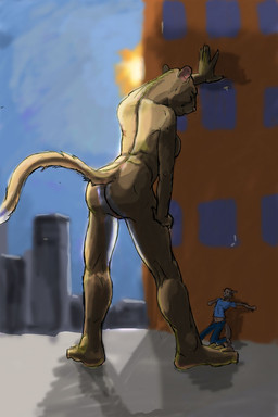 anthro blue_sky bottomwear breasts brown_body brown_fur butt city clothing duo extreme_size_difference feet female flashing fur looking_at_another looking_down looking_down_at_another macro male male/female micro nude pants shadow shirt size_difference sky standing sun tail topwear jeri_kleinlowe felid feline mammal 2007 2:3 colored