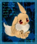 ambiguous_gender blood blood_from_eye bodily_fluids brown_body brown_fur crying feral frutiger_metro fur looking_at_viewer pawpads paws red_eyes sitting solo tears text y2k_(graphic_design) entfremdet abandon_lonliness creepypasta nintendo pokemon lonliness canid canine eevee generation_1_pokemon mammal pokemon_(species) blue_theme english_text