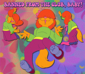 accessory anthro bangs_over_eyes bodily_fluids bottomwear clothing colorful_background covered_eyes female floral_background flower flower_in_hair footprint footwear fur green_clothing green_topwear hair hair_accessory jumping open_mouth open_smile orange_body orange_fur orange_hair pants pawprint pink_bottomwear pink_clothing pink_liquid pink_nose pink_pants plant purple_clothing purple_footwear purple_shoes shoes smile solo tail text topwear vomiting saltypupcake canid canine canis domestic_dog mammal digital_media_(artwork) english_text hi_res