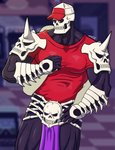 arms_bent baseball_cap bone bone_armor bottomless clothed clothing hand_on_chest hand_on_leg hand_on_own_chest hand_on_own_leg hand_on_own_thigh hand_on_thigh hat headgear headwear holding_leg holding_thigh male muscular muscular_male not_furry shirt simple_background skeleton skull solo topwear touching_chest touching_own_chest e-zoid kunio-kun river_city_girls skullmageddon skullmageddon_(rcg) animated_skeleton humanoid undead absurd_res hi_res