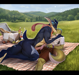 alcohol animal_genitalia animal_penis anthro basket bedding beverage black_bars blanket bodily_fluids bottomwear bread butt clothing container cup detailed_background drinking_glass duo erection eyes_closed food frottage fruit genital_fluids genitals glass glass_container glass_cup grass interspecies kissing leaking_precum lying male male/male muscular muscular_anthro muscular_male nature_background nude on_back outside penile penis penises_touching picnic picnic_basket plant pokephilia precum precum_on_penis precum_string romantic romantic_couple romantic_sex sex shirt shorts tail topwear tree wine wine_bottle wine_glass loxori nintendo pokemon jomagaher amphibian gecko generation_6_pokemon greninja lizard pokemon_(species) reptile scalie absurd_res digital_media_(artwork) hi_res letterbox story story_in_description