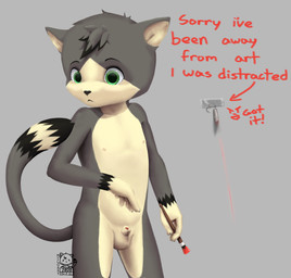 >:d animal_genitalia anthro balls black_markings black_nose brush distracted fur genitals green_eyes grey_background grey_body grey_fur grey_tail head_tuft holding_object laser_pointer male markings multicolored_body multicolored_fur nipples nude paint paintbrush penis red_paint red_text sheath shota simple_background solo tail tan_inner_ear text tuft young young_anthro miloart milo_(miloart) domestic_cat felid feline felis mammal 2020 dated english_text hi_res portrait three-quarter_portrait watermark