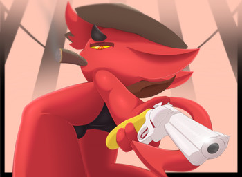 anthro biped bulge bulge_from_behind butt cigar clothing cowboy_hat crouching dominant fur gun handgun hat headgear headwear holding_gun holding_object holding_ranged_weapon holding_weapon horn looking_at_viewer low-angle_view male male_anthro pointing_gun ranged_weapon red_body red_eyes red_fur simple_background solo standing_over_viewer tail weapon worm's-eye_view yellow_sclera spicymeat kings_of_hell gremile_'hotshot' demon imp absurd_res digital_media_(artwork) hi_res
