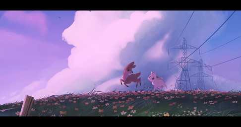 2_horns ambiguous_gender black_bars cloud duo feral flower fur grass hair horn looking_at_another multicolored_body multicolored_fur plant power_lines quadruped short_hair sky spots tail tuft white_body white_fur itsdanfango ansel_(itsdanfango) olive_(itsdanfango) bovid caprine deer goat mammal 2018 hi_res letterbox
