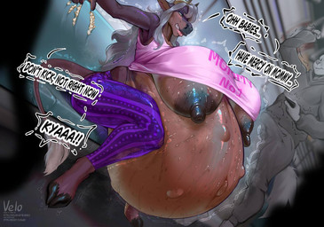 anthro areola belly big_areola big_belly big_breasts big_nipples black_areola black_nipples bodily_fluids breasts clothing cloven_hooves dark_areola dark_nipples duo erection erection_under_clothing female fetal_movement hooves horn huge_areola huge_belly huge_breasts hyper hyper_belly hyper_pregnancy navel nipple_slip nipples pregnant pregnant_anthro pregnant_female sweat sweaty_belly sweaty_body sweaty_breasts tail wardrobe_malfunction bluevelo solii_(gizmo1205) bovid bovine canid canine mammal