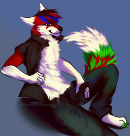 anthro clothed clothing looking_at_viewer male open_clothing simple_background smile smiling_at_viewer solo undressing angiewolf hatoma canid canine fox mammal 2015 hi_res
