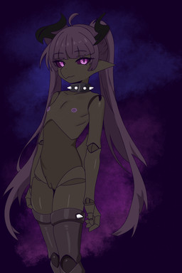 anthro areola biped brown_body brown_skin collar doll_joints female flat_chested genitals hair horn nebula nipples pink_eyes porcelain purple_eyes purple_hair purple_nipples purple_sclera snout solo space spiked_collar spikes spikes_(anatomy) tail twintails_(hairstyle) vulva conditional_dnp e10109 xo_(e10109) animate_inanimate kobold scalie 2:3 absurd_res cel_shading hi_res shaded