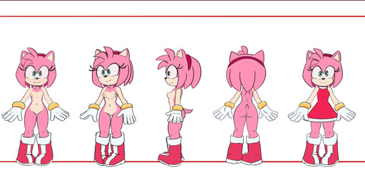 accessory anthro black_nose boots boots_only bracelet breasts butt clothed clothing dress eyelashes female footwear footwear_only front_view genitals gloves gloves_only green_eyes hair hair_accessory hairband handwear handwear_only head_tuft jewelry looking_at_viewer mostly_nude navel nipples pink_hair pink_nipples rear_view red_boots red_clothing red_dress red_footwear shoes short_hair side_view simple_background small_breasts smile solo thick_thighs tuft vulva white_background white_clothing white_gloves white_handwear wide_hips elgato17 sega sonic_the_hedgehog_(series) amy_rose eulipotyphlan hedgehog mammal absurd_res hi_res model_sheet