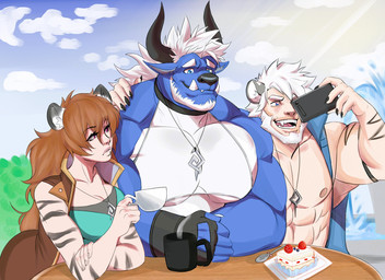 2_horns abs anthro at_table beard beverage biceps big_muscles black_claws black_clothing black_gloves black_handwear black_horn blue_body blue_clothing blue_eyes blue_fur blue_jacket blue_sky blue_topwear breasts brown_clothing brown_hair brown_jacket brown_topwear cake cellphone claws cleavage clothed clothed_female clothed_humanoid clothing cloud coffee coffee_mug container crop_top cup cutlery dessert electronics facial_hair female female_humanoid finger_claws fingerless_gloves food fountain fruit fully_clothed fully_clothed_female fully_clothed_humanoid fur furniture gloves green_clothing green_shirt green_topwear group hair handwear holding_cellphone holding_container holding_cup holding_object holding_phone holding_tea_cup horn huge_muscles jacket jewelry kitchen_utensils light long_hair male male_anthro male_humanoid muscular muscular_anthro muscular_humanoid muscular_male necklace nipples outside pecs phone plant plate red_eyes shirt shirtless shirtless_humanoid shirtless_male sky sleeveless_jacket smartphone spoon steam strawberry strawberry_cake striped_body striped_skin stripes sunlight table taking_picture tea_cup tools topless topless_anthro topless_male topwear trio tusks water white_claws white_clothing white_crop_top white_hair white_topwear itsdhani final_fantasy square_enix pulse_(behemoth_pulse) animal_humanoid behemoth_(final_fantasy) felid felid_humanoid feline feline_humanoid humanoid mammal mammal_humanoid 2024 hi_res