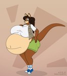 anthro belly big_belly big_breasts bottomwear breasts brown_body brown_fur brown_hair clothing copyright_symbol female footwear fur green_eyes hair huge_breasts khaki_vest khakis multicolored_body multicolored_fur navel overweight overweight_anthro overweight_female ponytail shoes shorts socks solo symbol tan_body tan_fur thick_thighs topwear two_tone_body two_tone_fur vest satsumalord shelly_(bud9133) kangaroo macropod mammal marsupial 2024 digital_media_(artwork) hi_res