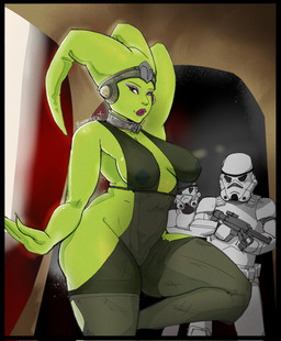 big_breasts big_butt breasts butt clothing curvy_figure dancing female green_body gun ranged_weapon stormtrooper thick_thighs translucent translucent_clothing weapon wide_hips bosozokucat star_wars oola alien humanoid twi'lek hi_res