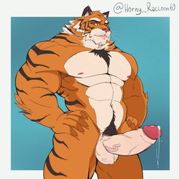 abs anthro balls biceps bodily_fluids erection fur genital_fluids genitals humanoid_genitalia humanoid_penis leaking_precum looking_at_viewer male muscular muscular_anthro muscular_male nipples nude pecs penis precum precum_string pubes simple_background solo standing stripes tail vein veiny_penis whiskers hornyraccoon69 felid mammal pantherine tiger 1:1 digital_media_(artwork) hi_res