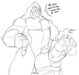 anthro bottomwear bottomwear_down clothed clothing dialogue dominant dominant_male duo erection fangs genitals hot_dogging male male/male muscular muscular_male pants pants_down partially_clothed pecs penis sex size_difference smile submissive submissive_male teeth text tattoorexy dc_comics my_hero_academia gorilla_grodd koji_koda ape gorilla haplorhine humanoid mammal primate crossover monochrome